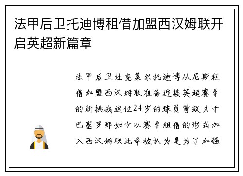 法甲后卫托迪博租借加盟西汉姆联开启英超新篇章